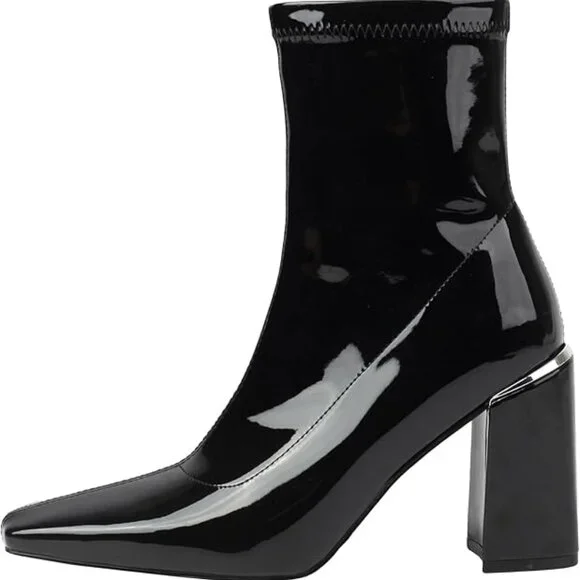 Womens Square Toe Ankle Booties Chunky Heel Boots Side Zipper Patent Leather - Picture 4 of 5